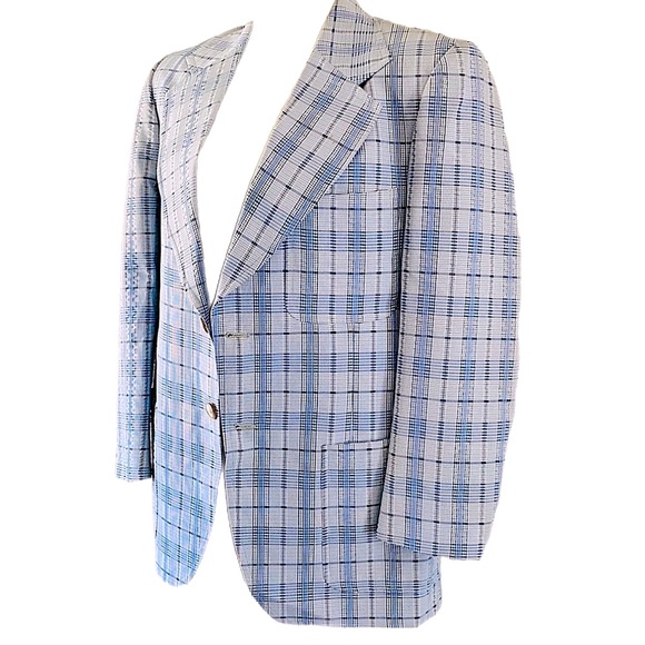 VINTAGE 70s blue plaid Sports Coat Blazer Suit jacket - Picture 3 of 15